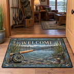 Fly Rod Reed Cove Doormat with a fly rod, reed cove and a matching lake-house setting