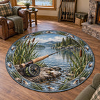 Fly Rod Reed Cove Round Mat Rug with printed depth and a matching reed and ripple border in a lake-house setting