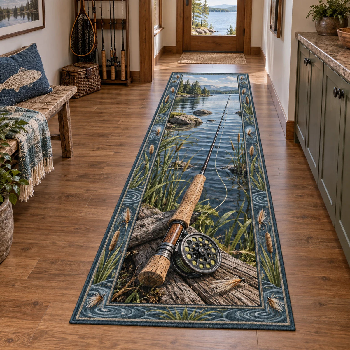 Fly Rod Reed Cove Runner Rug with printed depth and a matching reed and ripple border in a lake-house setting