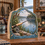 Fly Rod Reed Cove Wooden Block 3 Layer with a fly rod, reed cove and a matching lake-house setting