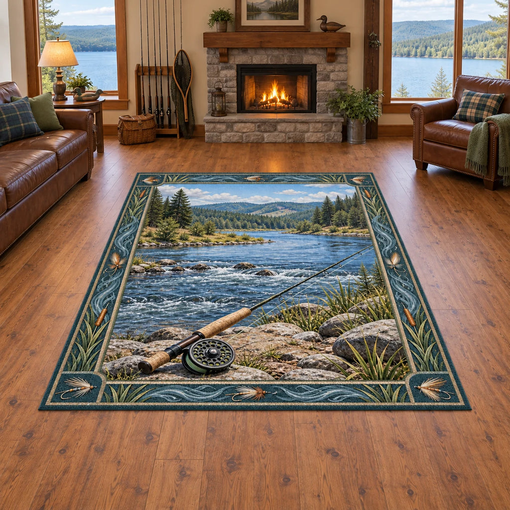 Cork-handled fly rod and round reel beside a wooded river bend printed on a area rug in a lake-house room.