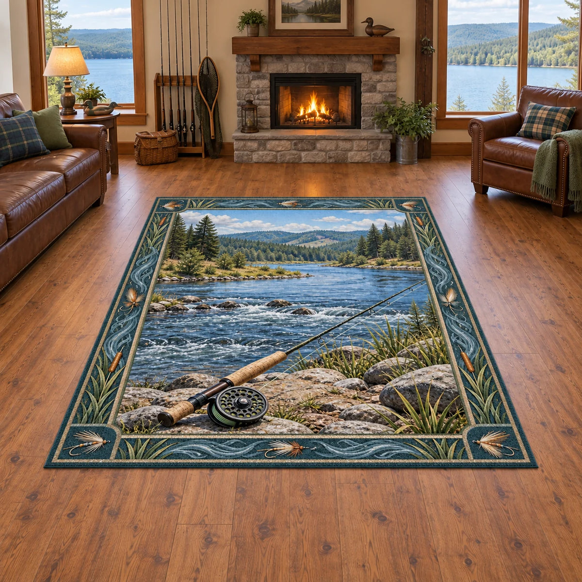 Cork-handled fly rod and round reel beside a wooded river bend printed on a area rug in a lake-house room.