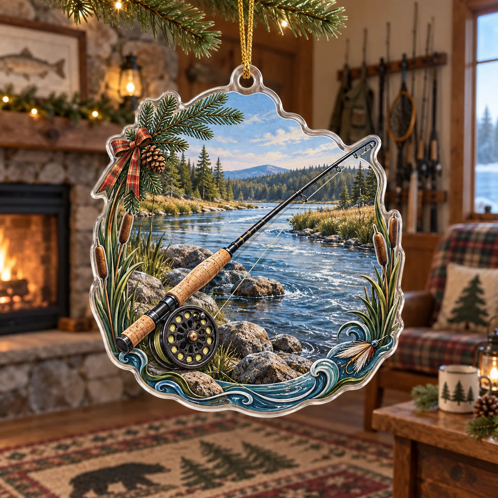 Cork-handled fly rod and round reel beside a wooded river bend printed on a christmas ornament in a lake-house room.