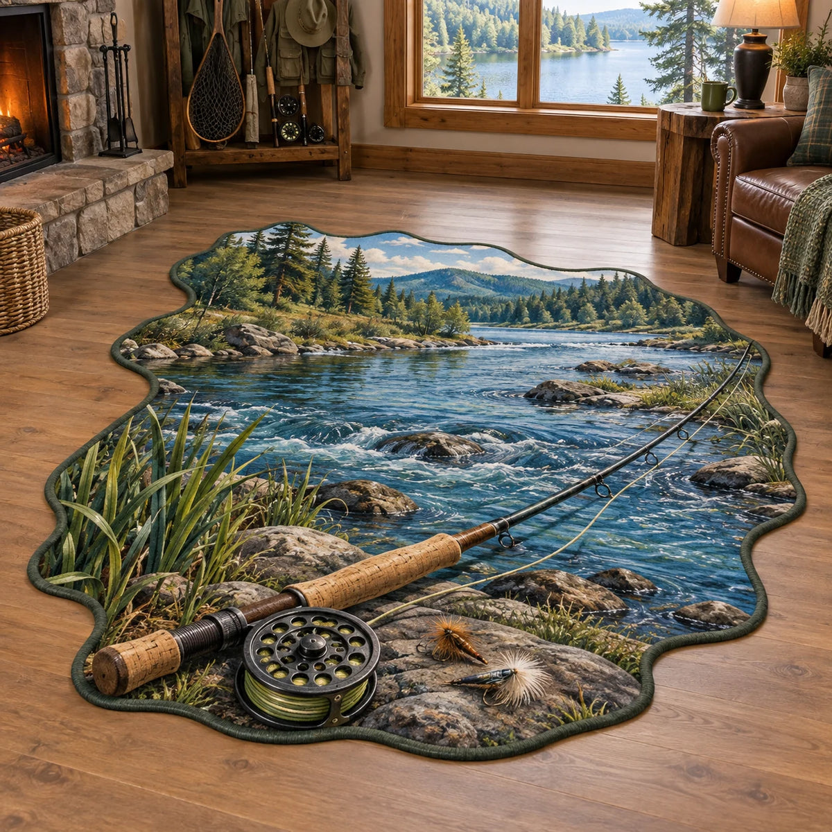 Cork-handled fly rod and round reel beside a wooded river bend printed on a custom shape area rug in a lake-house room.