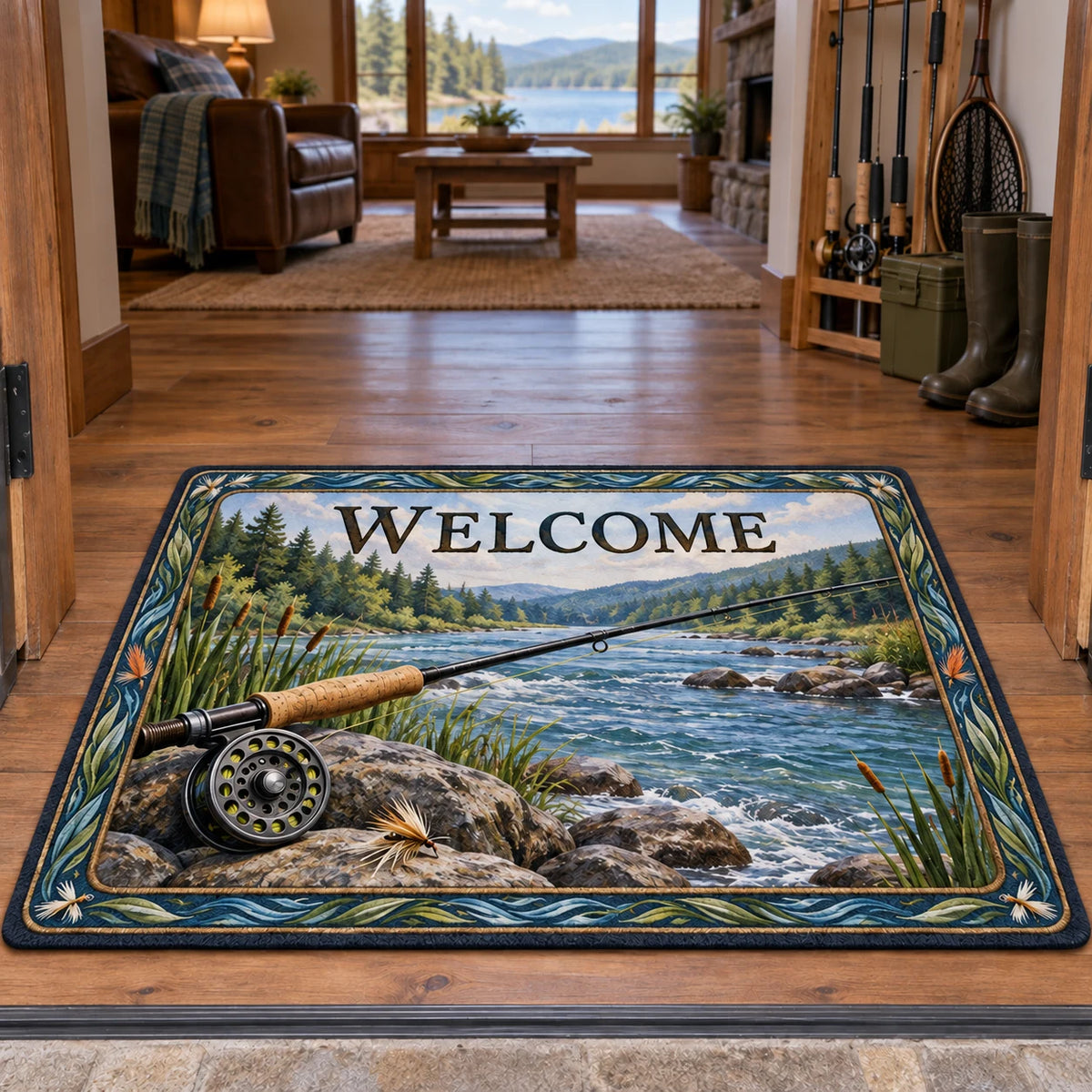 Cork-handled fly rod and round reel beside a wooded river bend printed on a doormat in a lake-house room.