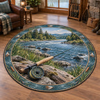 Cork-handled fly rod and round reel beside a wooded river bend printed on a round mat rug in a lake-house room.