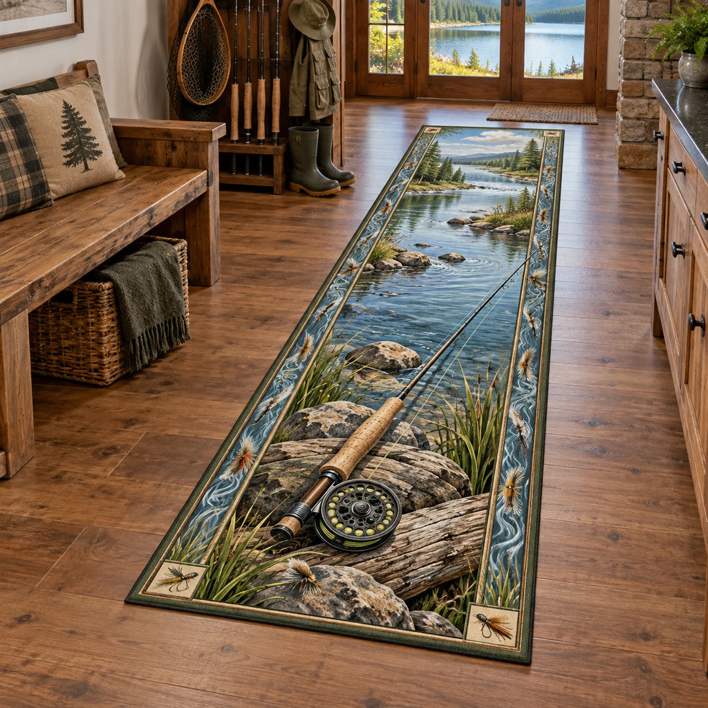 Cork-handled fly rod and round reel beside a wooded river bend printed on a runner rug in a lake-house room.