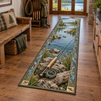 Cork-handled fly rod and round reel beside a wooded river bend printed on a runner rug in a lake-house room.
