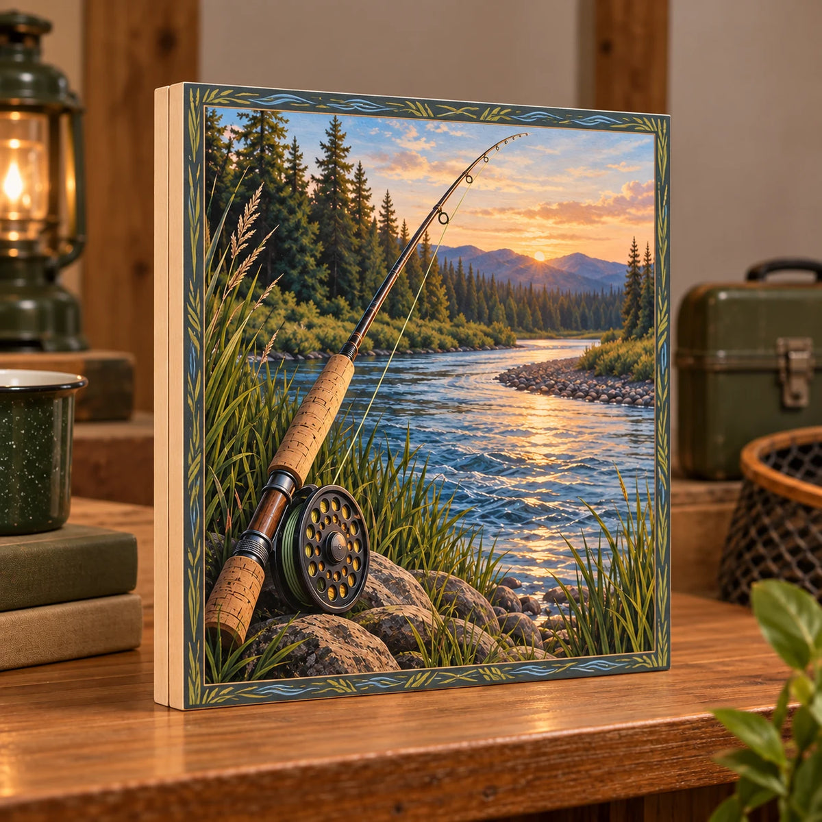 Three-layer wooden block showing a fly rod and reel beside a sunset river, framed by printed reeds and blue ripples.
