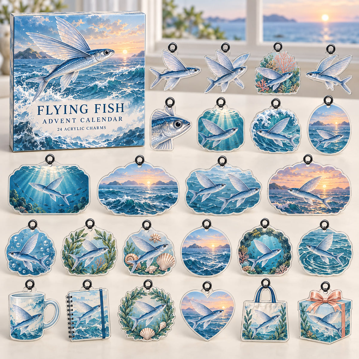 Flying Fish advent calendar box with 24 themed flat printed acrylic charms