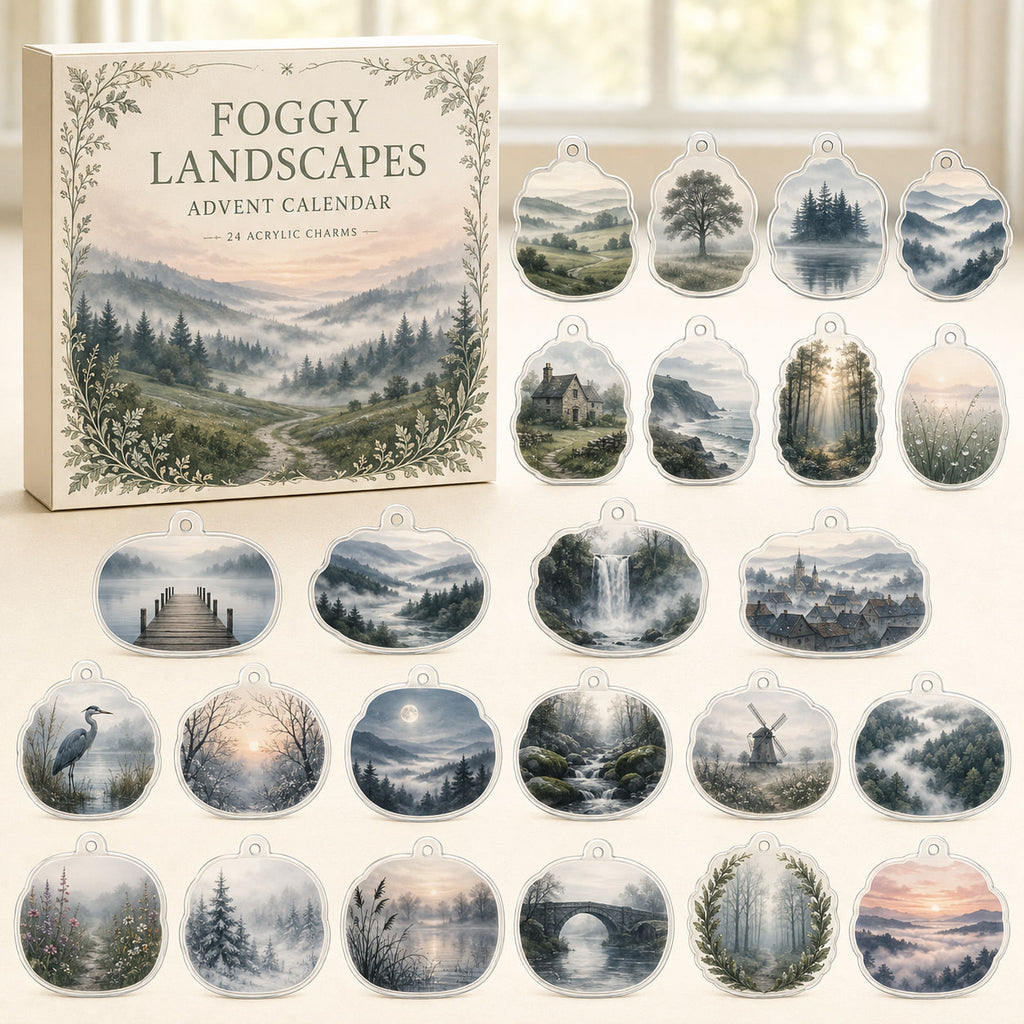 Foggy Landscapes advent calendar box and 24 printed acrylic nature charms