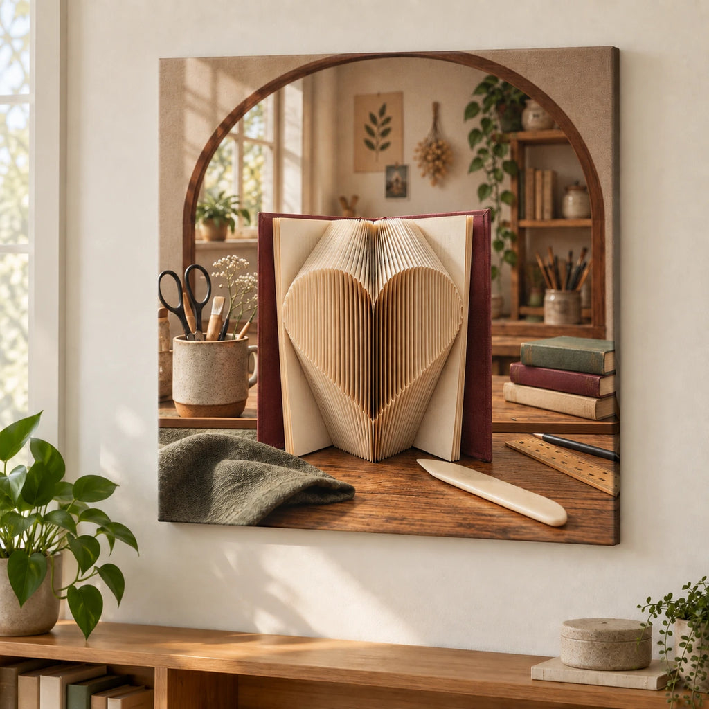 Folded Book Heart Stretched Canvas Wall Art with original printed optical 3D artwork