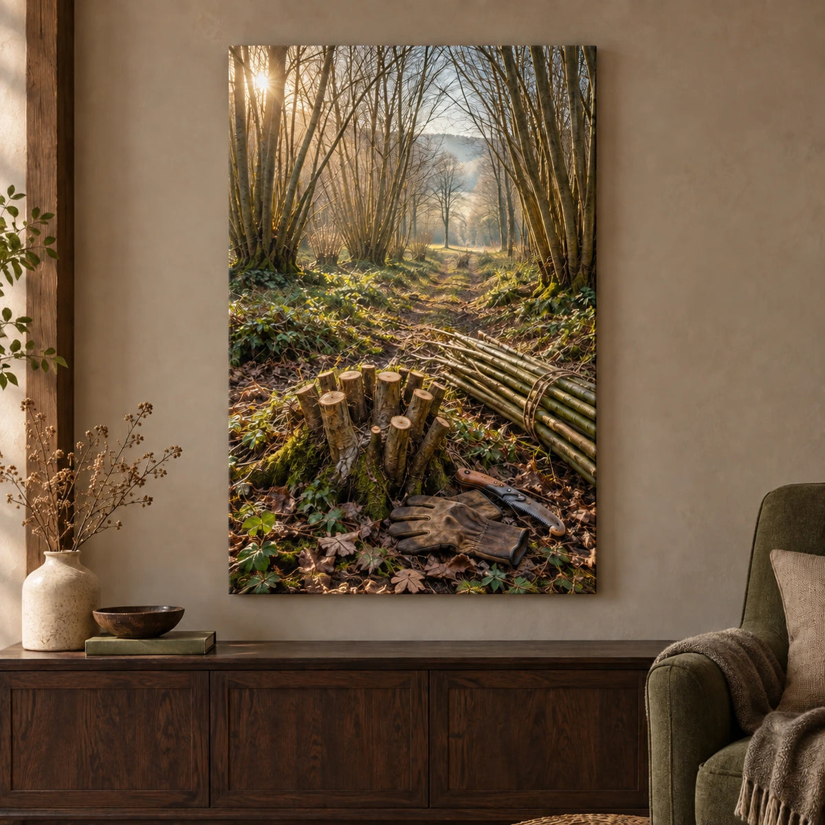 Hazel coppicing tools and harvested poles in deep woodland artwork printed on stretched canvas.