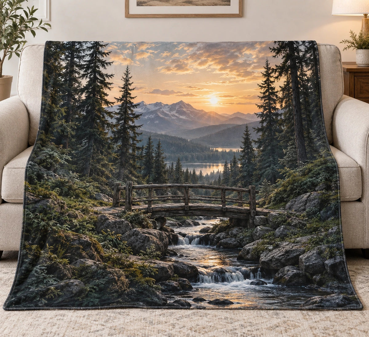 Forest Bridge Sunset Ridge Fleece Blanket with printed dimensional artwork