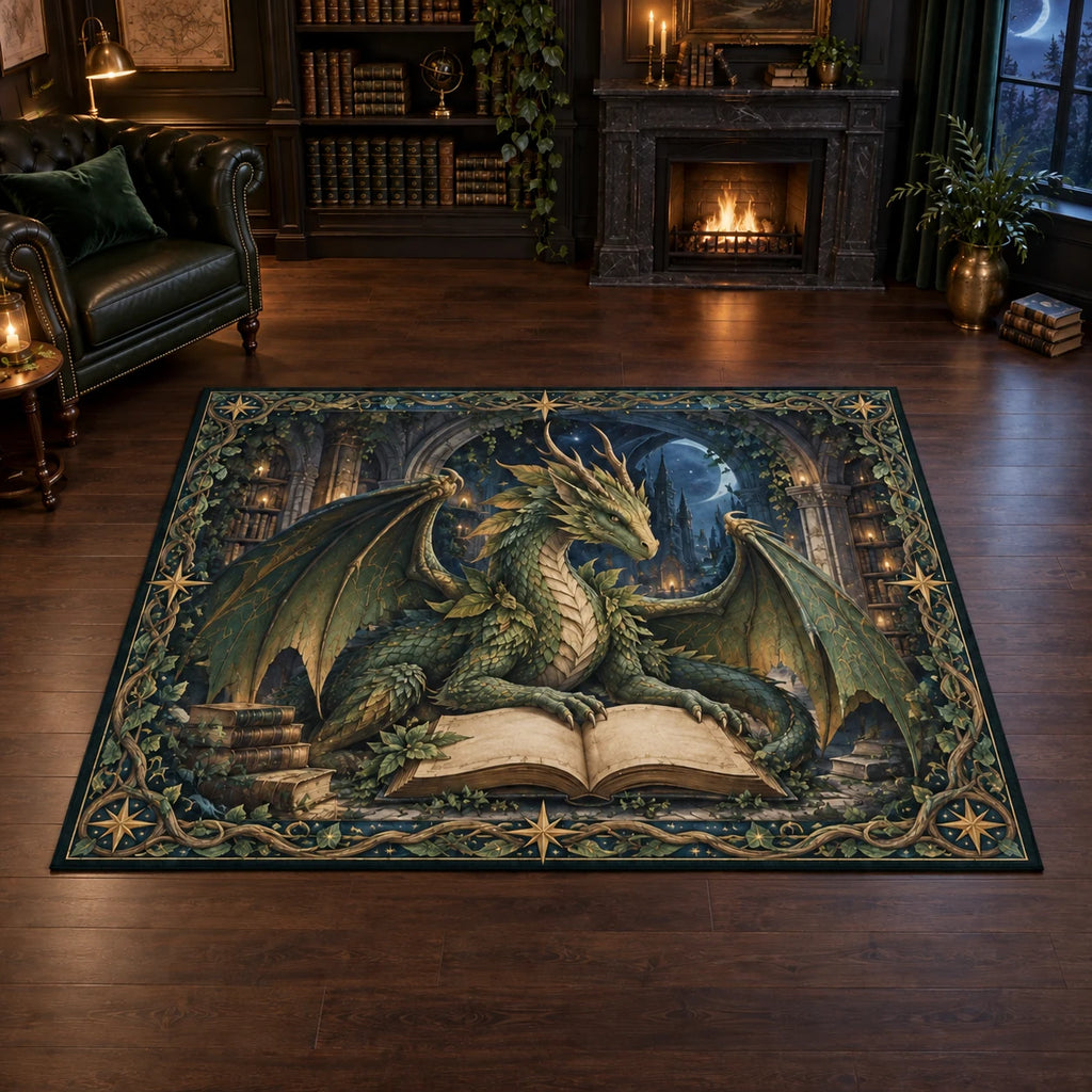 Forest Dragon Library Area Rug with dimensional printed artwork in a coordinated home setting