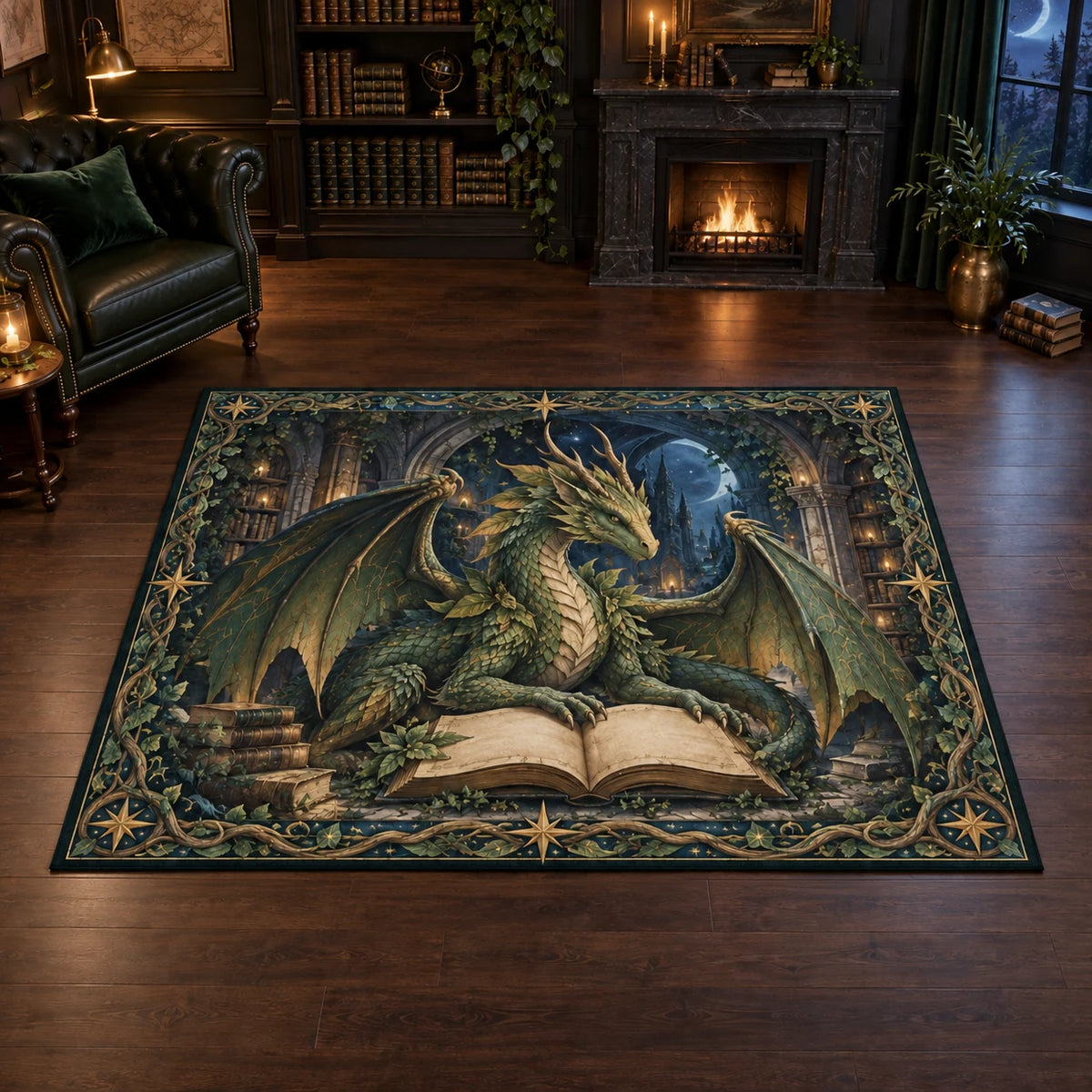 Forest Dragon Library Area Rug with dimensional printed artwork in a coordinated home setting