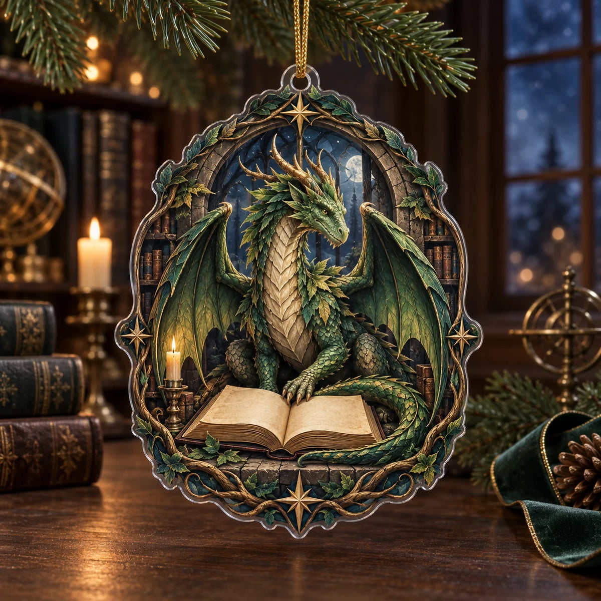 Forest Dragon Library Christmas Ornament with dimensional printed artwork in a coordinated home setting