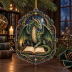 Forest Dragon Library Christmas Ornament with dimensional printed artwork in a coordinated home setting