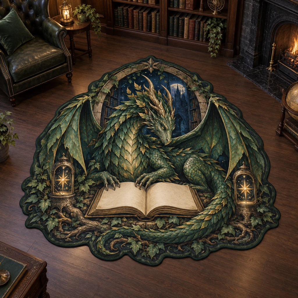 Forest Dragon Custom Shape Area Rug with dimensional printed artwork in a coordinated home setting