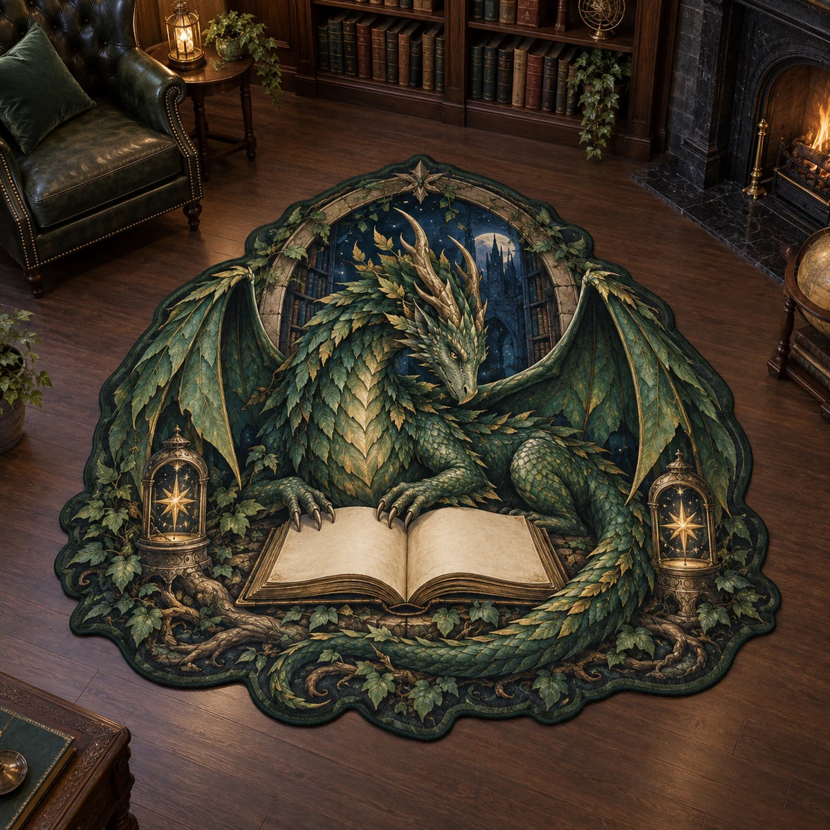 Forest Dragon Custom Shape Area Rug with dimensional printed artwork in a coordinated home setting