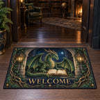 Forest Dragon Welcome Doormat with dimensional printed artwork in a coordinated home setting