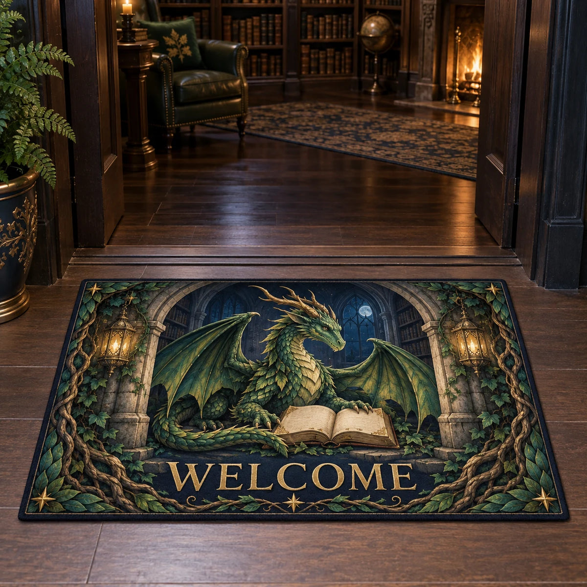 Forest Dragon Welcome Doormat with dimensional printed artwork in a coordinated home setting