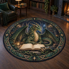 Forest dragon round mat rug with an open tome, root-and-star border and dimensional printed library scene
