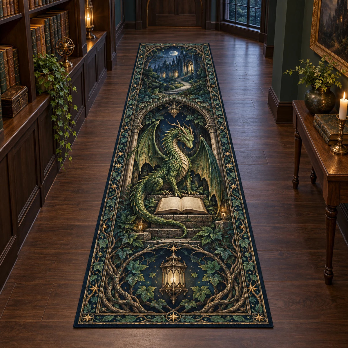 Forest Dragon Library Runner Rug with dimensional printed artwork in a coordinated home setting