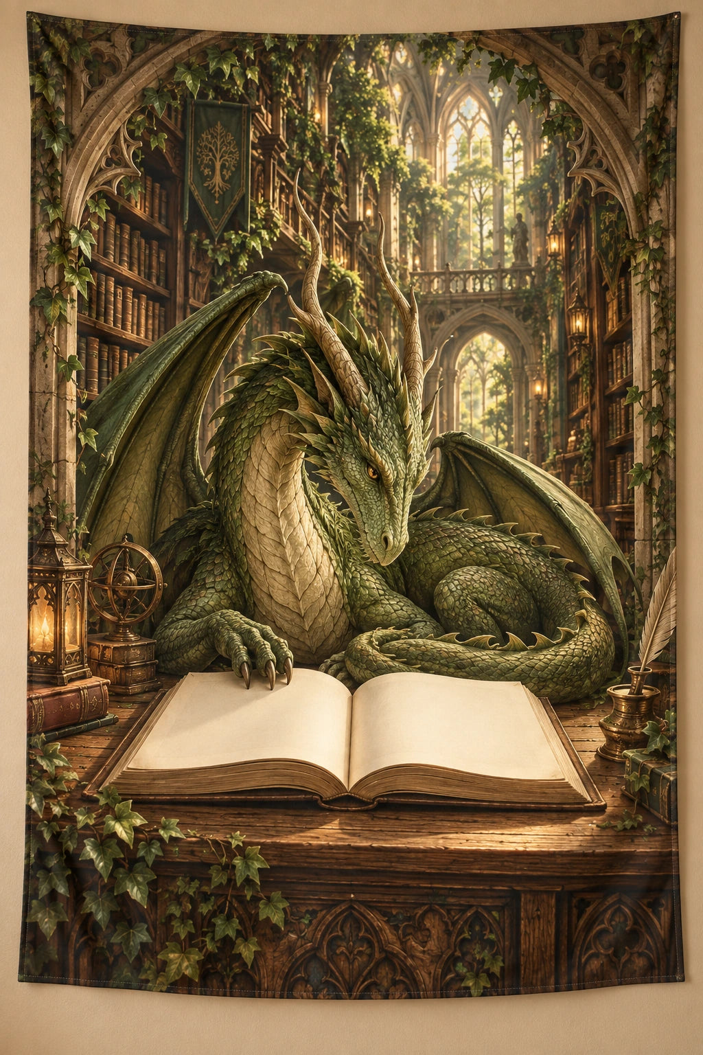 Forest Dragon Ancient Library Wall Tapestry with flat printed forest dragon and ancient library depth