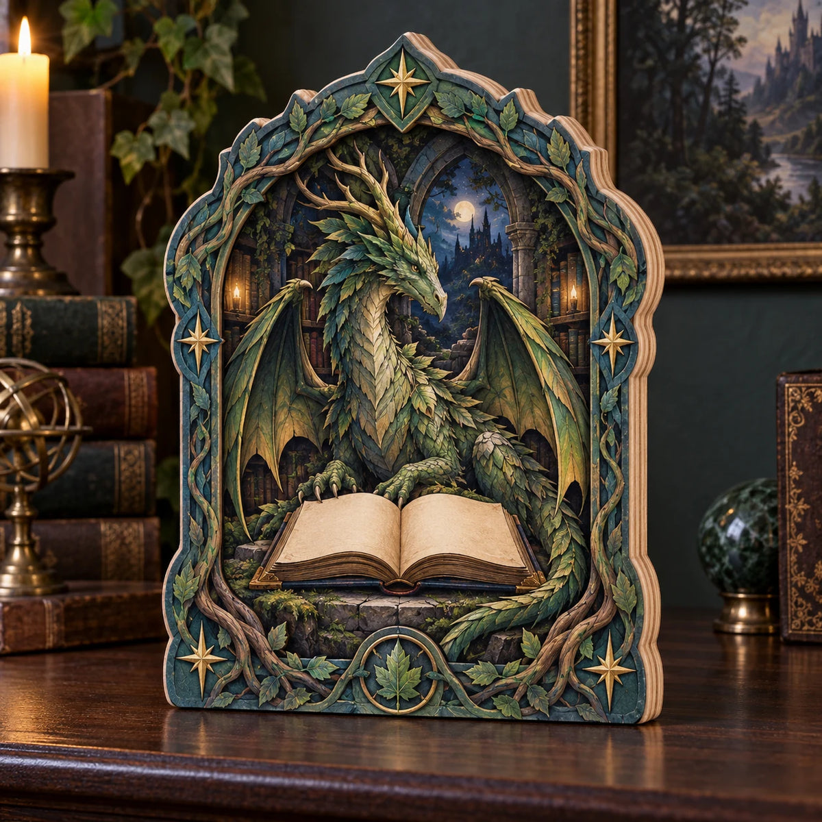 Forest Dragon Wooden Block 3 Layer with dimensional printed artwork in a coordinated home setting