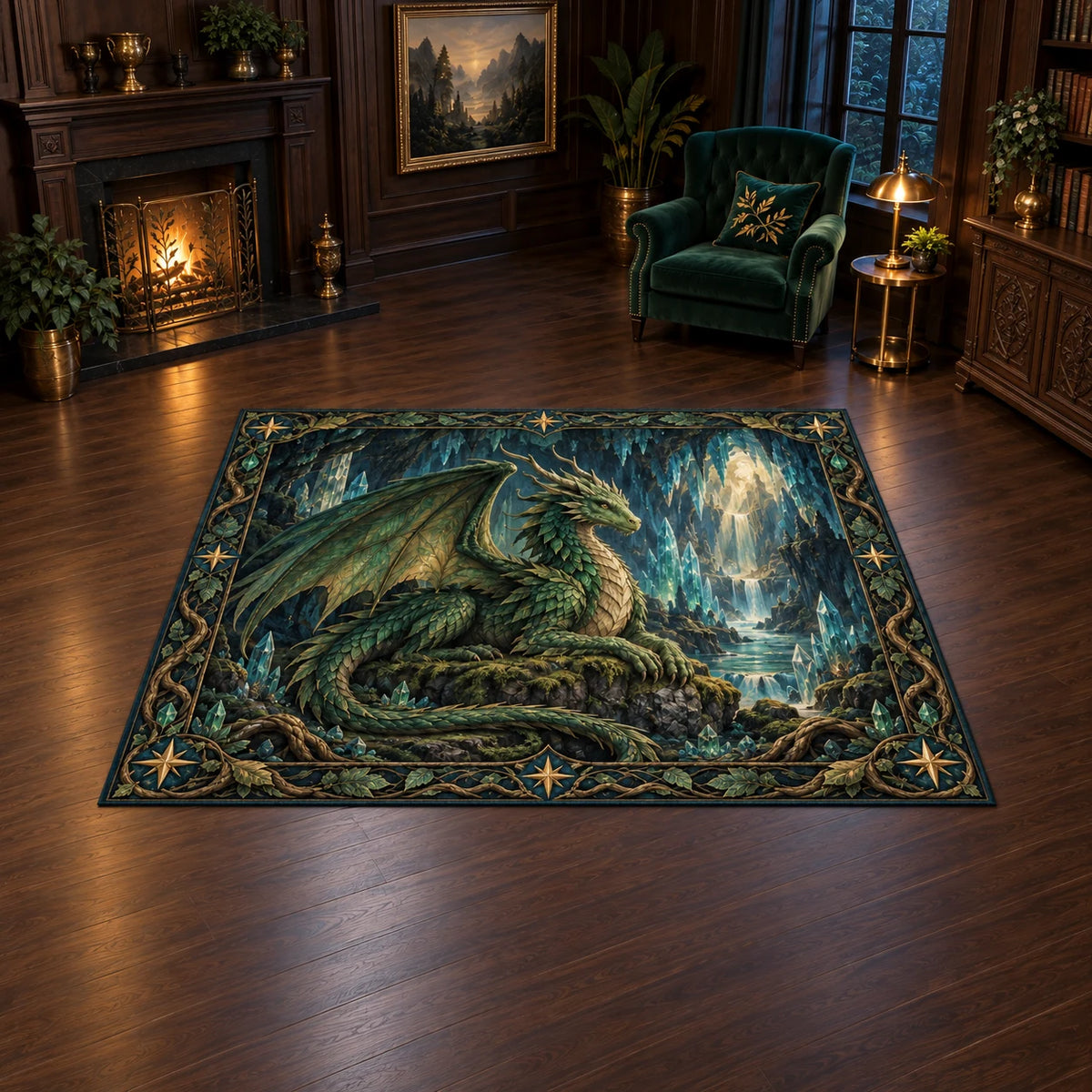 Rectangular rug showing an emerald dragon on mossy stone inside a crystal cavern with root and star edging.