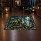 Rectangular rug showing an emerald dragon on mossy stone inside a crystal cavern with root and star edging.