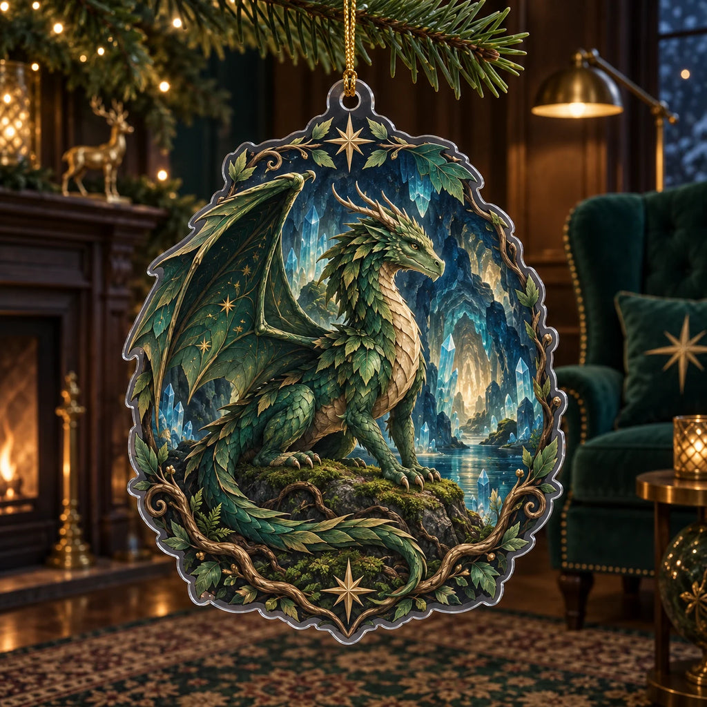 Flat acrylic ornament with emerald dragon, crystal cavern, root-and-star frame and gold hanging cord.