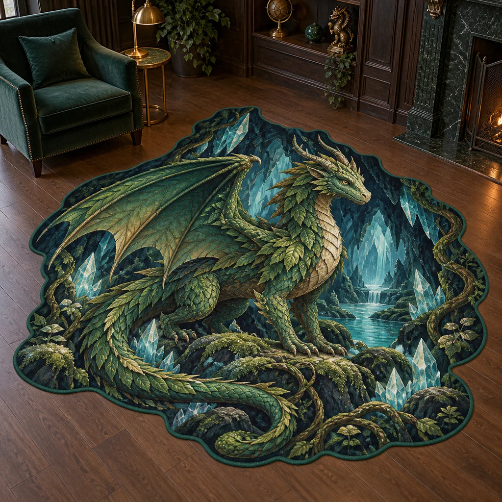Custom shape rug with emerald forest dragon, mossy rocks, crystal cavern and green contour binding.