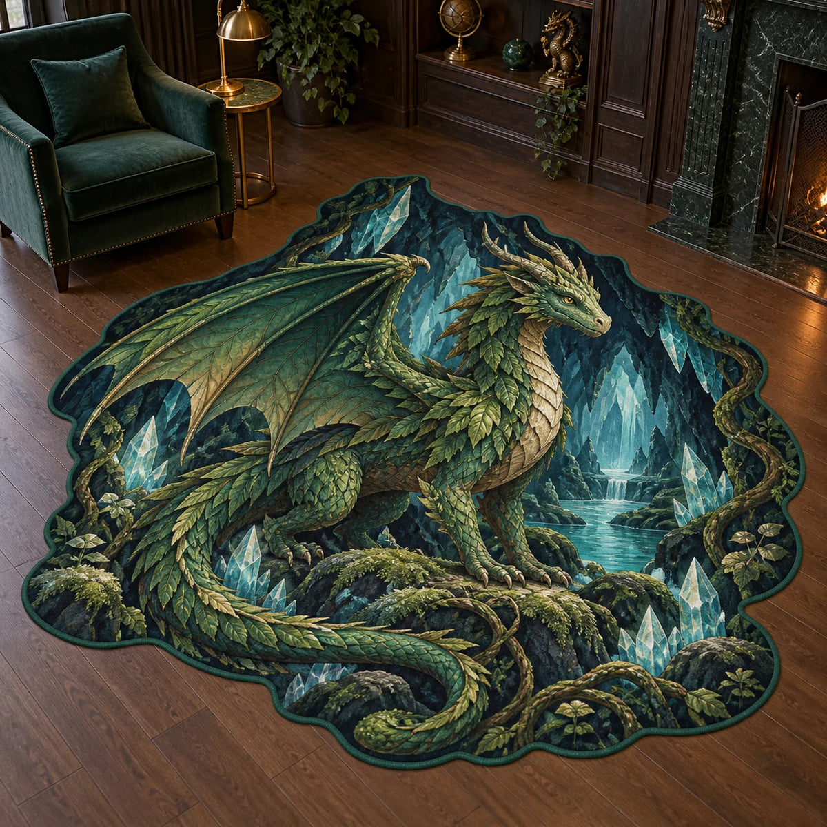 Custom shape rug with emerald forest dragon, mossy rocks, crystal cavern and green contour binding.