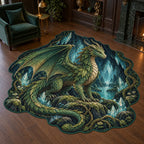 Custom shape rug with emerald forest dragon, mossy rocks, crystal cavern and green contour binding.