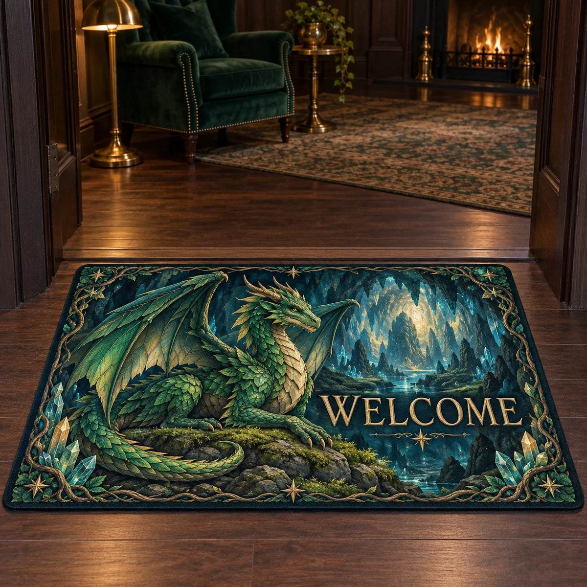 WELCOME doormat with emerald dragon, crystal cave stream and root-and-star border at a study doorway.