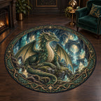 Round rug with emerald leaf-scaled dragon, crystal cave, mossy rocks and root-and-star border.
