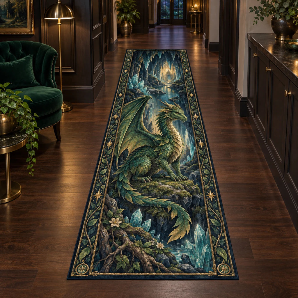 Long runner with emerald forest dragon, foreground crystals and roots, and a receding cave passage.