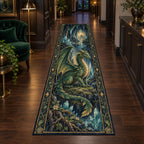 Long runner with emerald forest dragon, foreground crystals and roots, and a receding cave passage.