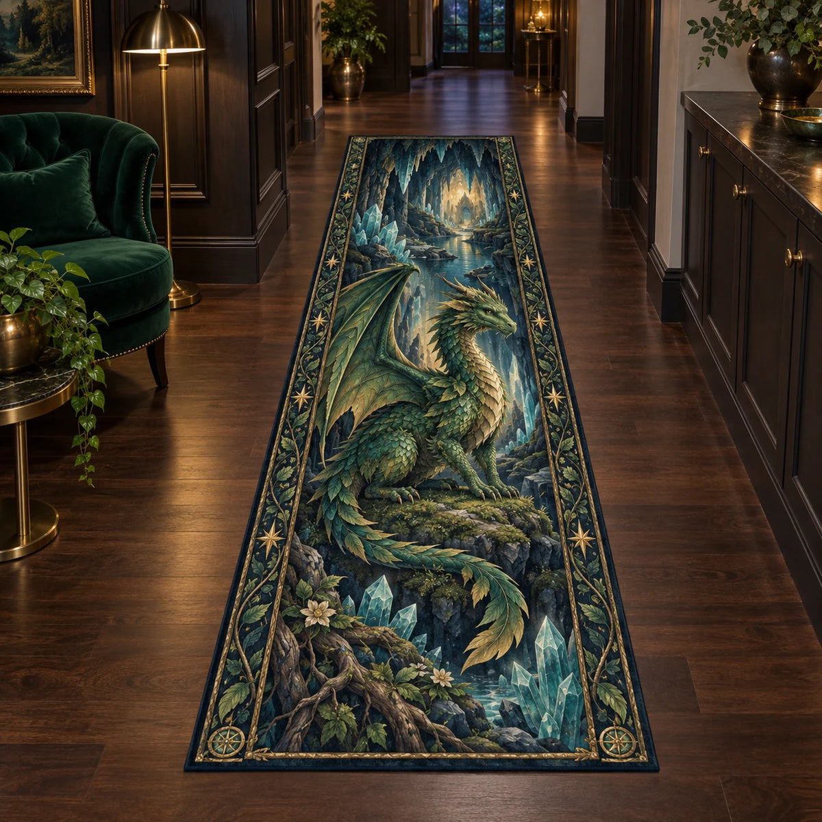 Long runner with emerald forest dragon, foreground crystals and roots, and a receding cave passage.