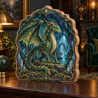 Three-layer wooden block showing an emerald dragon in a crystal cavern with roots and gold-toned stars.