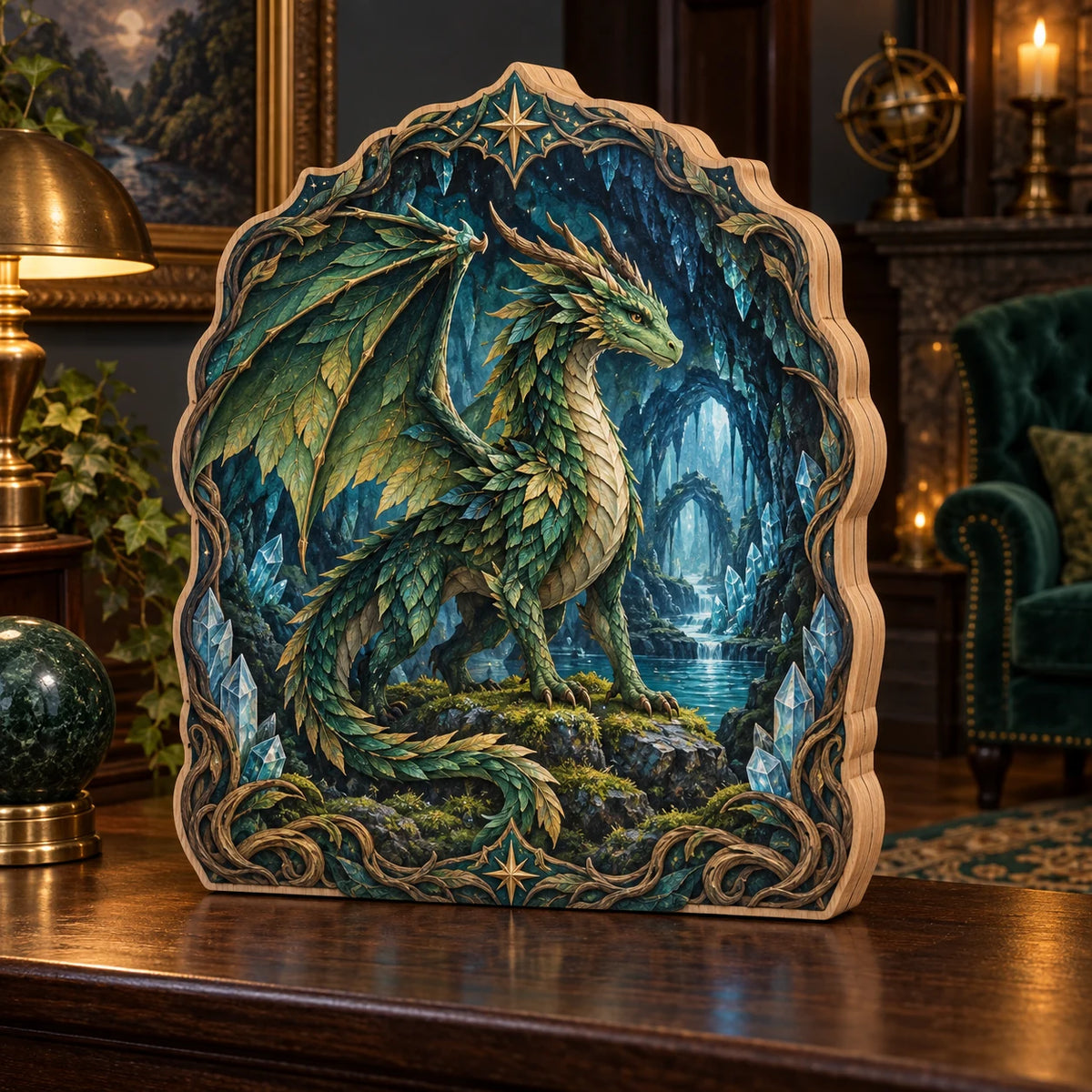 Three-layer wooden block showing an emerald dragon in a crystal cavern with roots and gold-toned stars.