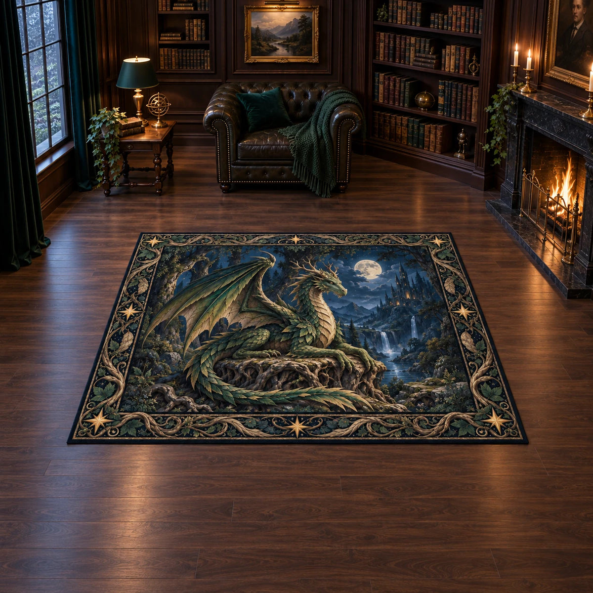 Emerald forest dragon area rug with root throne and printed fantasy depth