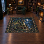 Emerald forest dragon area rug with root throne and printed fantasy depth