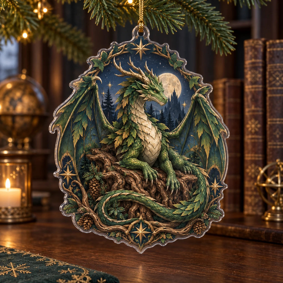 Emerald forest dragon christmas ornament with root throne and printed fantasy depth
