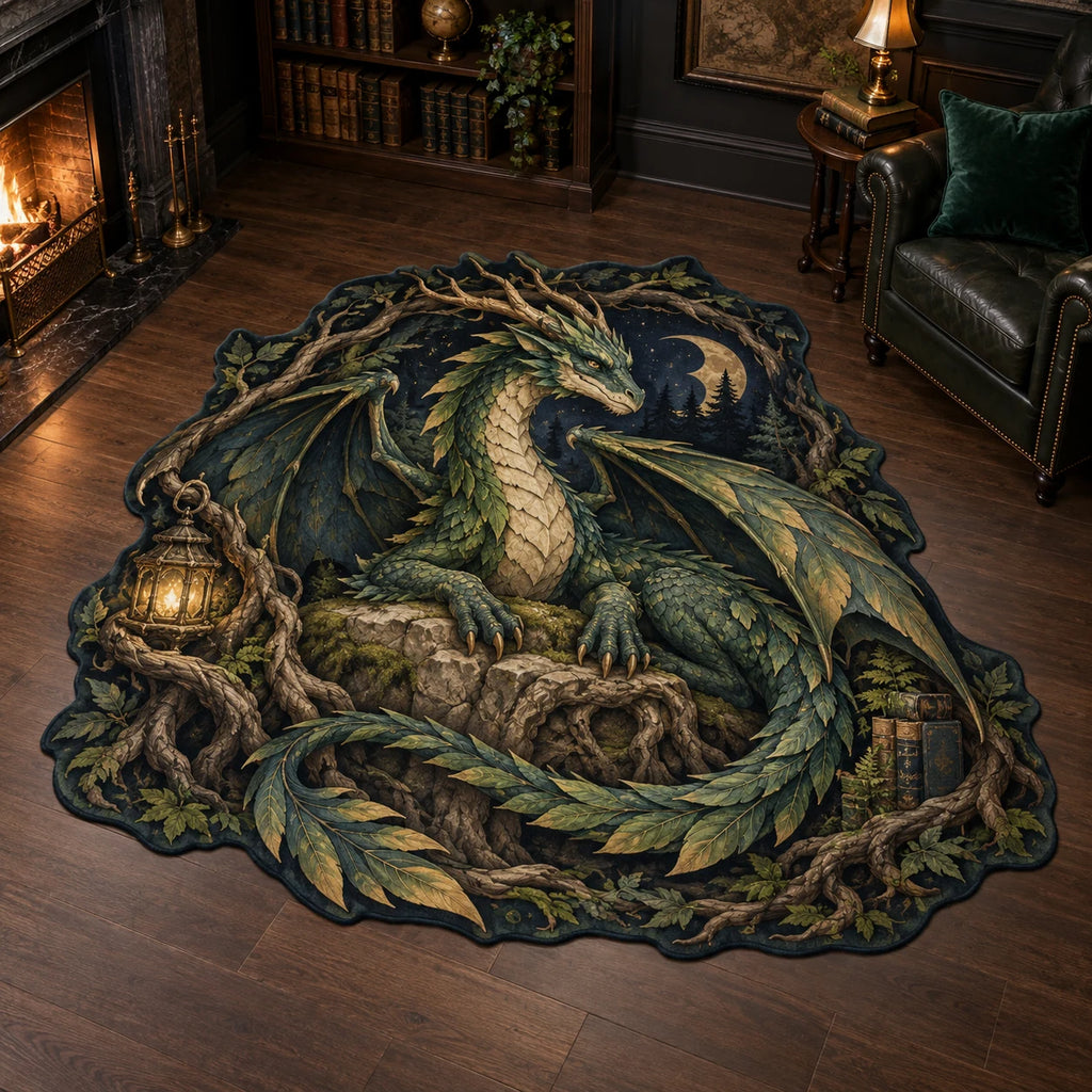 Emerald forest dragon custom shape area rug with root throne and printed fantasy depth