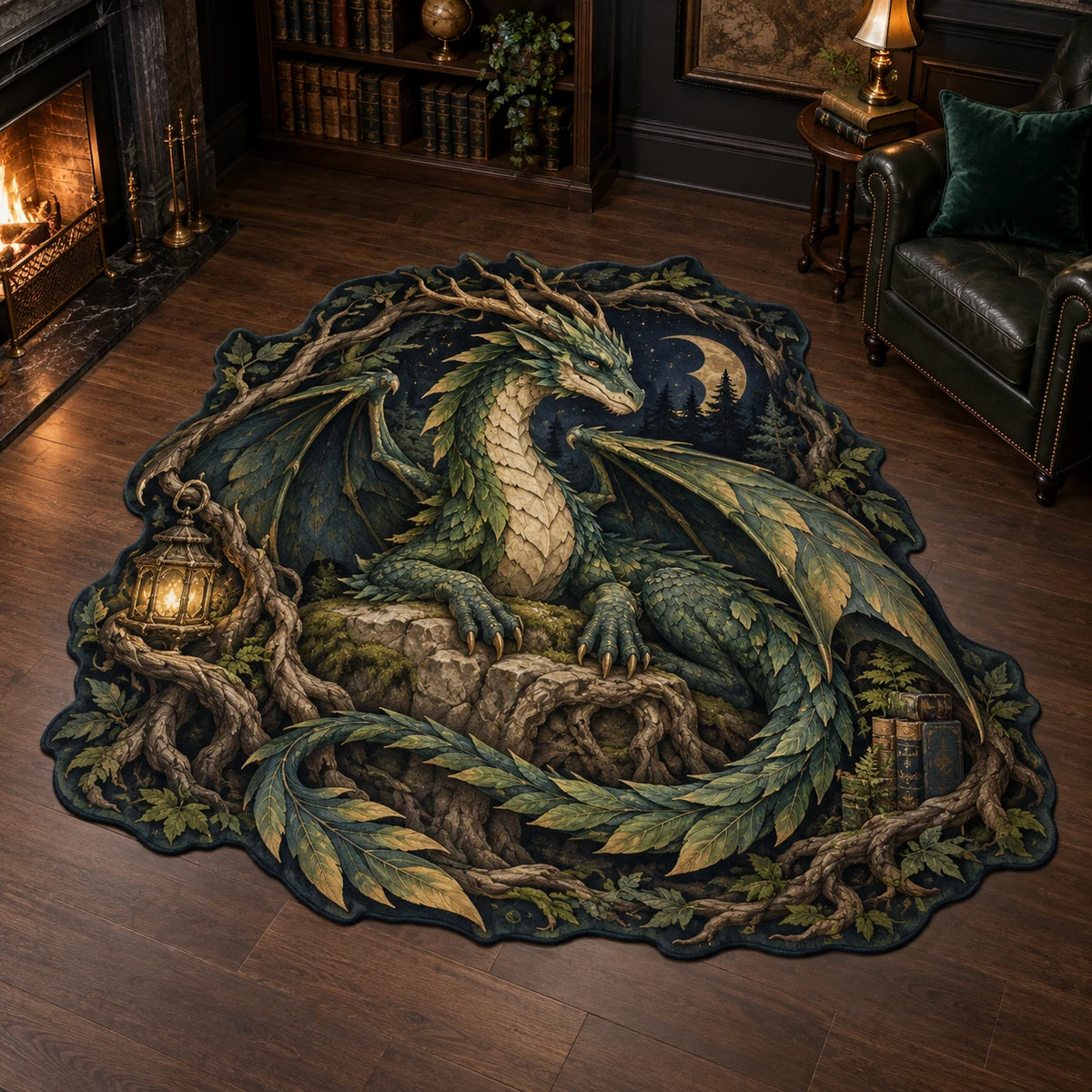 Emerald forest dragon custom shape area rug with root throne and printed fantasy depth