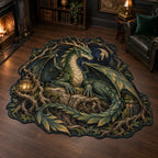 Emerald forest dragon custom shape area rug with root throne and printed fantasy depth