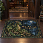 Emerald forest dragon doormat with root throne and printed fantasy depth